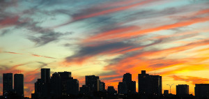 city skyline at sunset